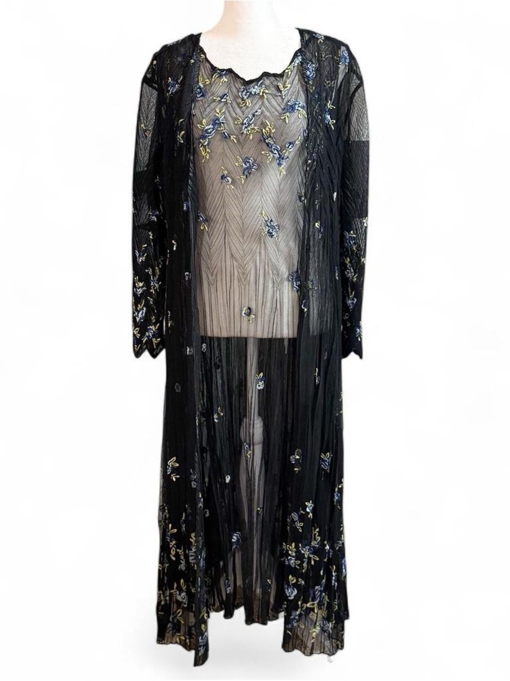 Komarov Black Sheer Blue Floral Embroidered Dress & Duster Set Large
